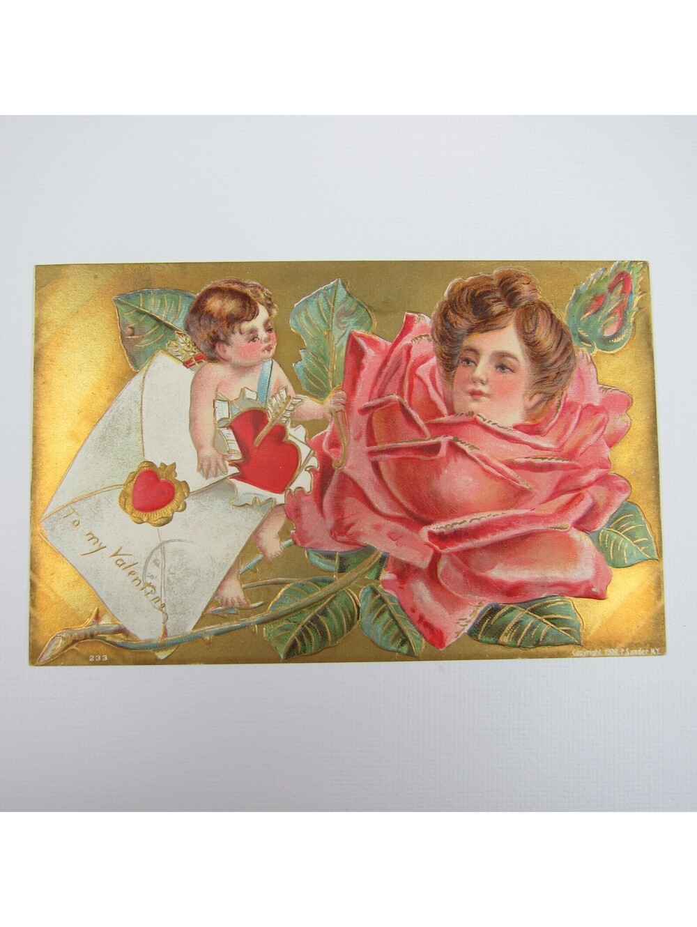 Postcard Valentine Greeting Antique 1908 Cupid Lady Rose Gold Embossed UNPOSTED
